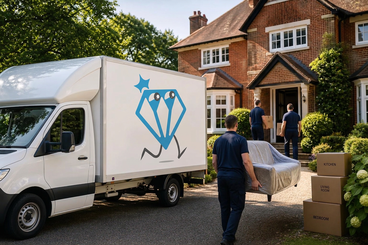 Dimond Movers crew loading a wrapped sofa into a branded van — premium house removals Oxfordshire