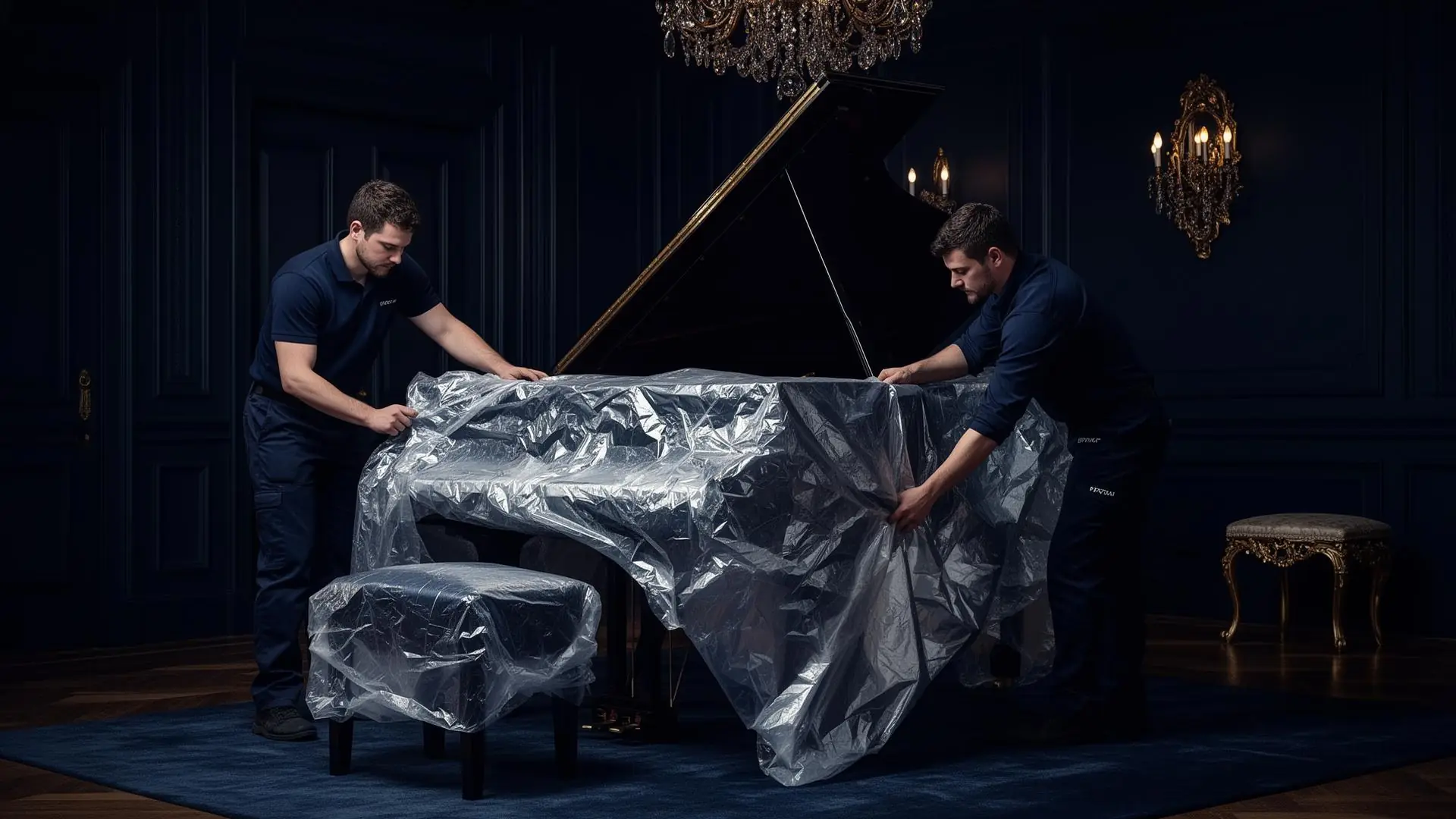 Dimond Movers specialist crew wrapping a polished grand piano in climate-aware blankets